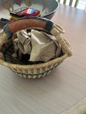Woven Natural Straw Basket with Leather-Wrapped Handle - Green Accent